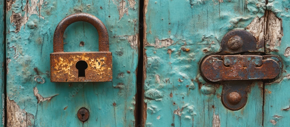 Rusty padlock on a weathered turquoise wooden door. Rusty padlock on a weathered turquoise wooden door.