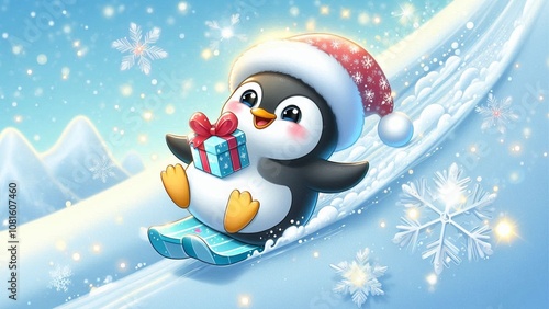 playful penguin sliding down an icy slope with a tiny Christmas present on its belly, surrounded by sparkling snowflakes photo