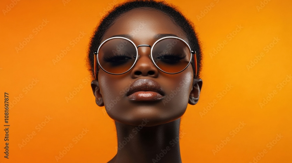 Modern Black woman with sunglasses in front of an orange background Modern Black woman with sunglasses in front of an orange background