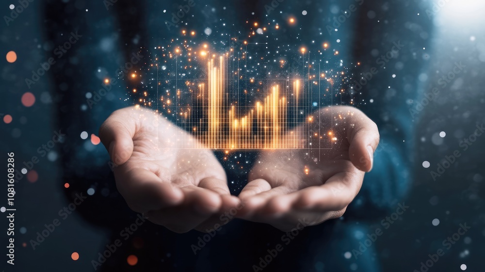 Hands Holding Growing Financial Graph with Sparks and Light Effects Representing Success, Investment, Data Analysis, and Business Growth in Modern Conceptual Imagery Hands Holding Growing Financial Graph with Sparks and Light Effects Representing Success, Investment, Data Analysis, and Business Growth in Modern Conceptual Imagery
