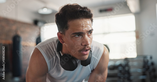 Fotografía Gym, man and tired with breathing for fitness, cardio training and exhausted for health workout