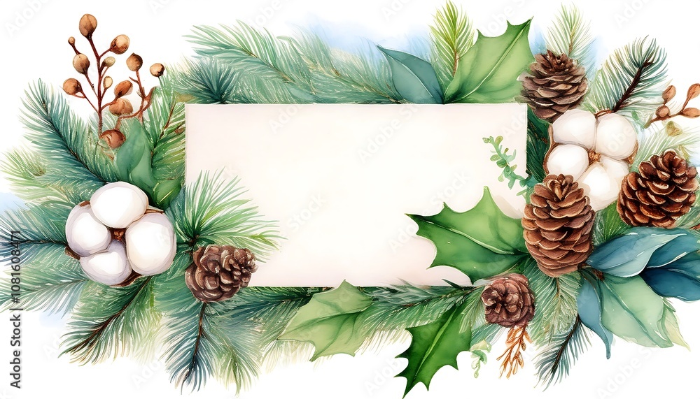 Fototapeta premium Delicate watercolor Christmas card design with fir branches, pine cones, and holly for festive occasions. Generative AI