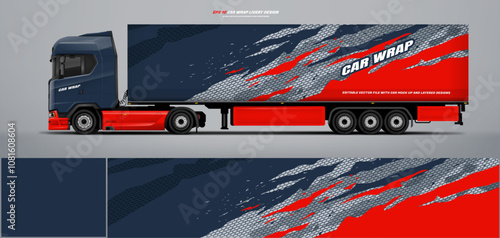 Vector truck trailer livery design template. Truck Cargo delivering vehicle paintjob. Mock up and design on separate layers vector files.