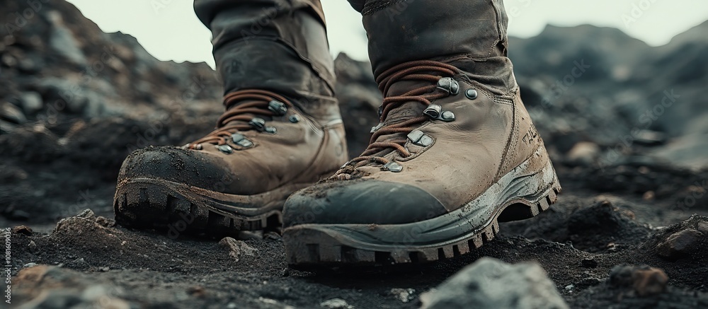Close-up of rugged mountain climbing boots with reinforced soles, placed on a rocky surface, dirt and dust on the boots indicating recent use Close-up of rugged mountain climbing boots with reinforced soles, placed on a rocky surface, dirt and dust on the boots indicating recent use