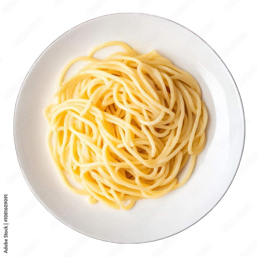 A Italian pasta which is made by twisting long, thick noodles around a knitting needle on white plate on transparent