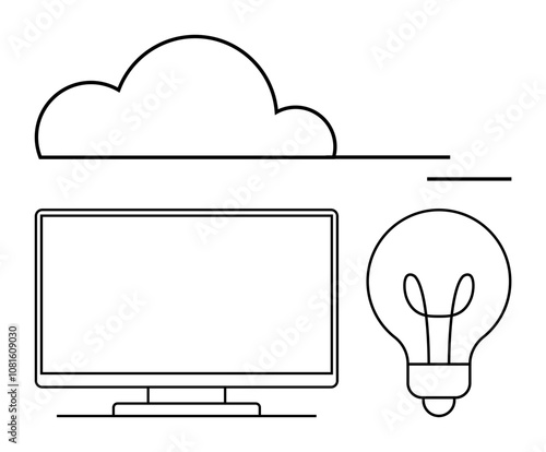 Cloud above a monitor with a light bulb next. Ideal for innovation, technology, computing, business, creativity education startups. Line metaphor. Line metaphor. Simple line icons