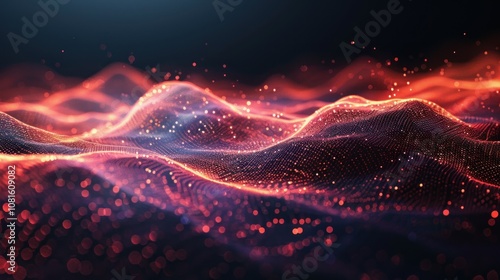 Abstract glowing red and blue particles forming waves on a black background.