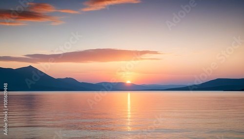 Sunset view of a serene sea area with mountains reflected in the water.