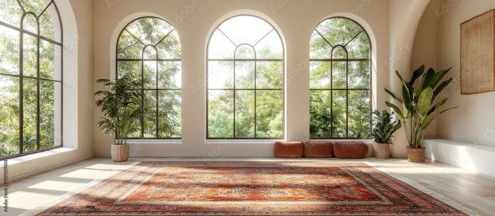 Empty room with large arched windows, a rug, plants, and cushions. Empty room with large arched windows, a rug, plants, and cushions.