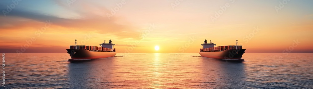 Cargo ship moving through an open ocean under a vibrant sunset, supply route concept, calm waters, breathtaking view of the horizon, clear sky Cargo ship moving through an open ocean under a vibrant sunset, supply route concept, calm waters, breathtaking view of the horizon, clear sky