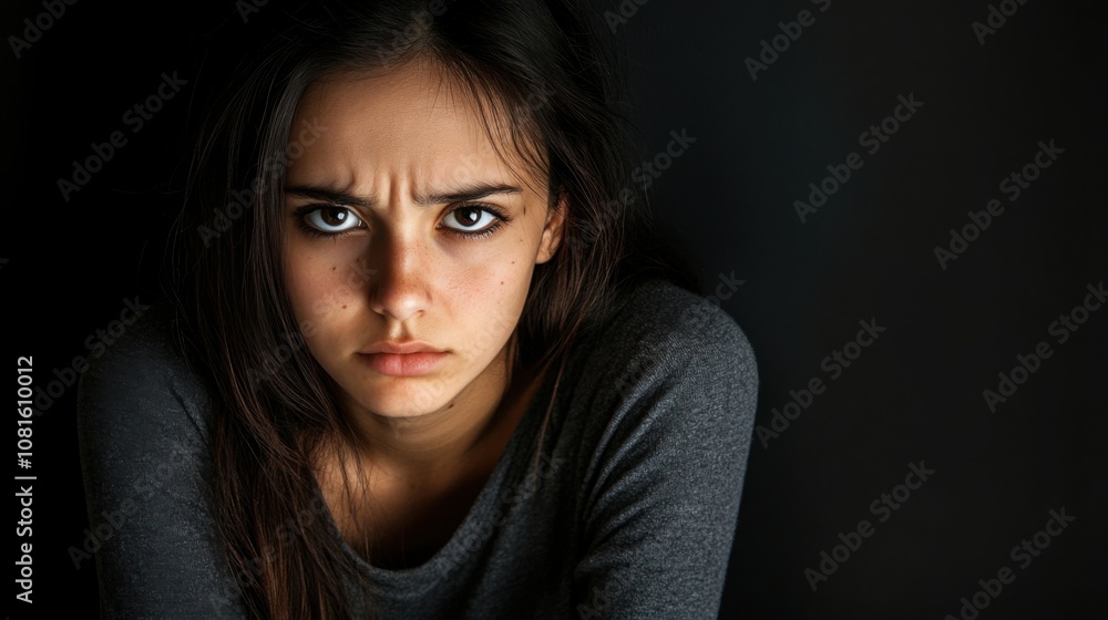 Facial expression - a sad young woman against a black background Facial expression - a sad young woman against a black background