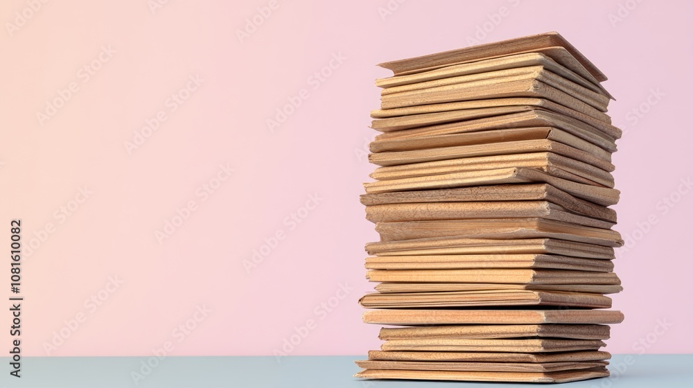 A tall stack of books on a pastel background. A tall stack of books on a pastel background.