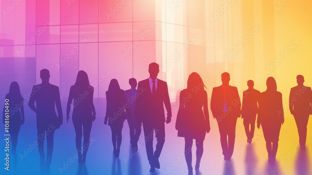 Silhouettes of Business People Walking Through a Modern Office Building Silhouettes of Business People Walking Through a Modern Office Building