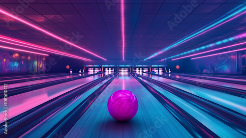 Neon Lit Bowling Alley with Pink Bowling Ball in Motion. Futuristic Bowling Concept