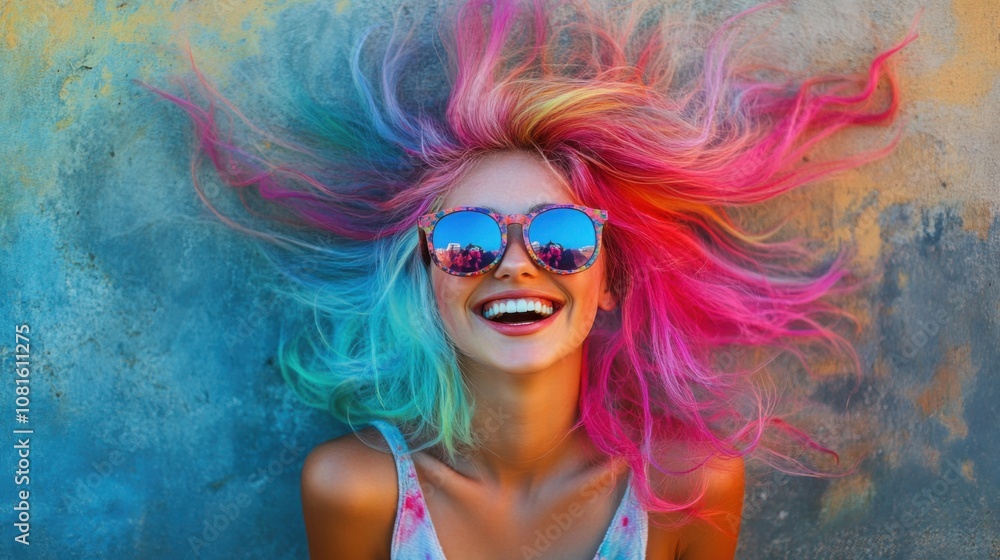 A crazy girl with colorful hair and modern sunglasses in front of a wall A crazy girl with colorful hair and modern sunglasses in front of a wall