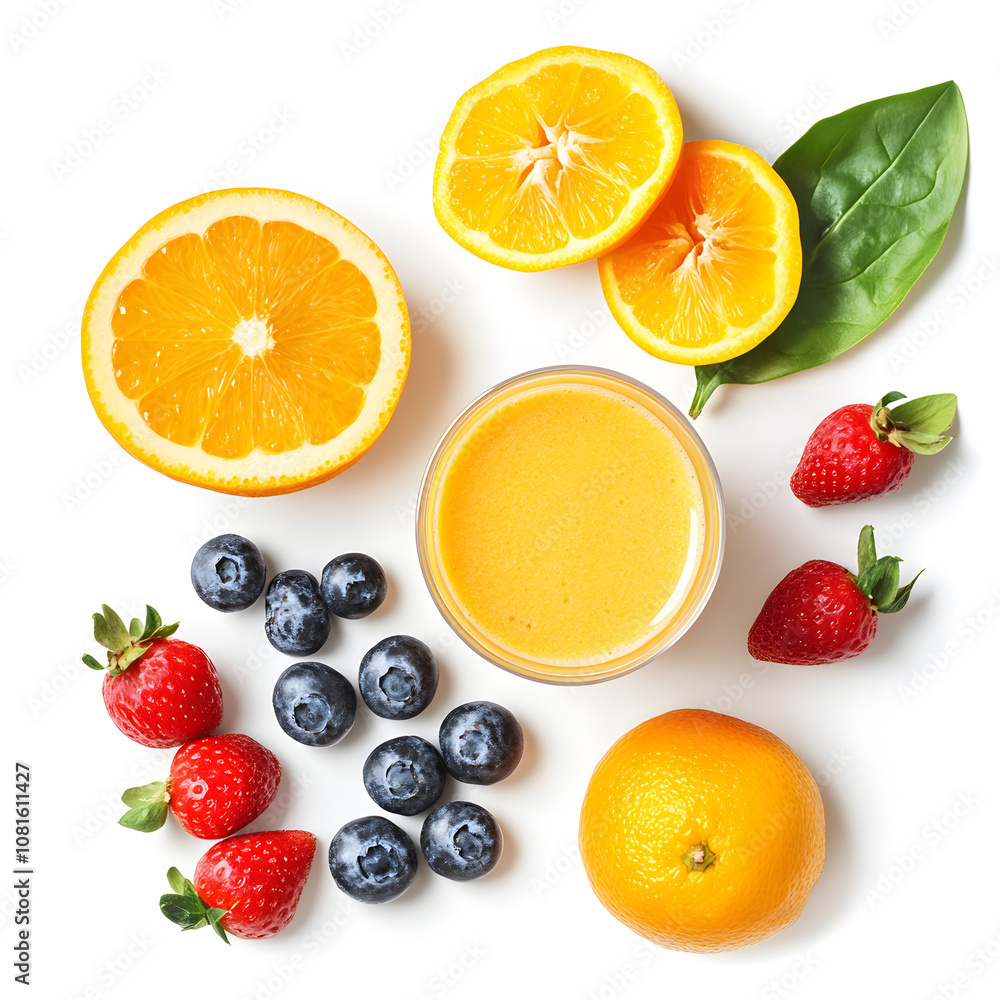 Vibrant assortment of fresh fruits including oranges, strawberries, blueberries, and leafy greens with a refreshing glass of orange juice, isolated on white background for healthy eating inspiration Vibrant assortment of fresh fruits including oranges, strawberries, blueberries, and leafy greens with a refreshing glass of orange juice, isolated on white background for healthy eating inspiration