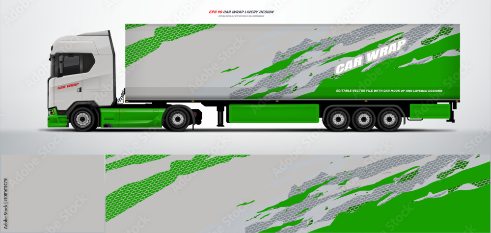 Vector truck trailer livery design template. Truck Cargo delivering vehicle paintjob. Mock up and design on separate layers vector files. Vector truck trailer livery design template. Truck Cargo delivering vehicle paintjob. Mock up and design on separate layers vector files.