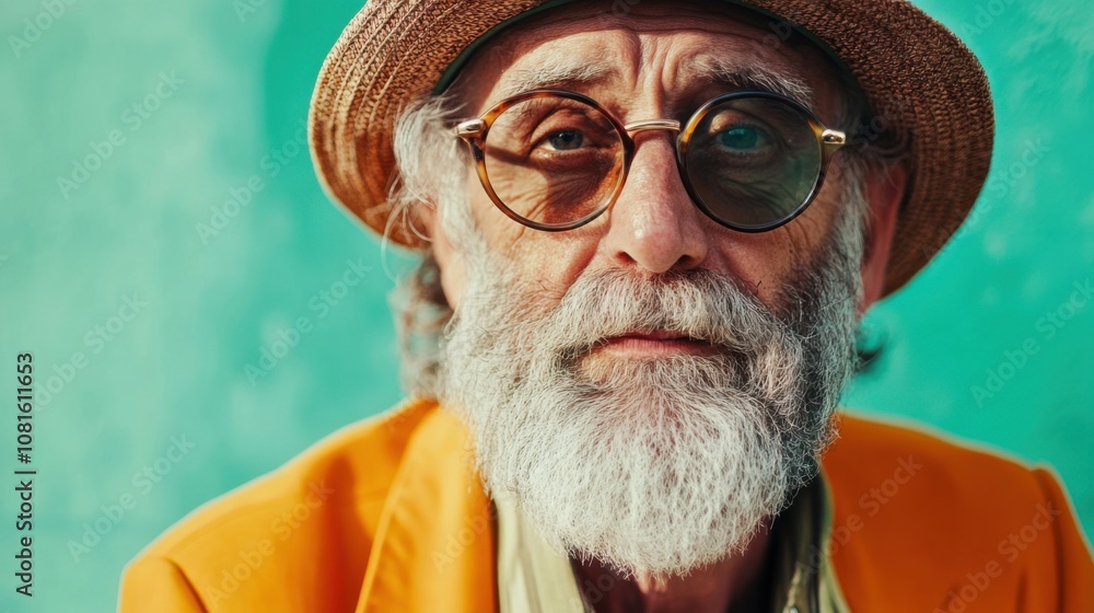 Portrait of a cool old man with beard and hat, crazy lifestyle concept, fictional person Portrait of a cool old man with beard and hat, crazy lifestyle concept, fictional person