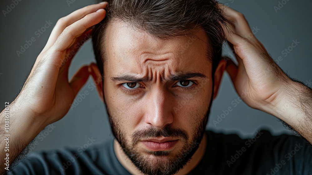 Hair loss concept for a young man suffering from serious hair loss Hair loss concept for a young man suffering from serious hair loss
