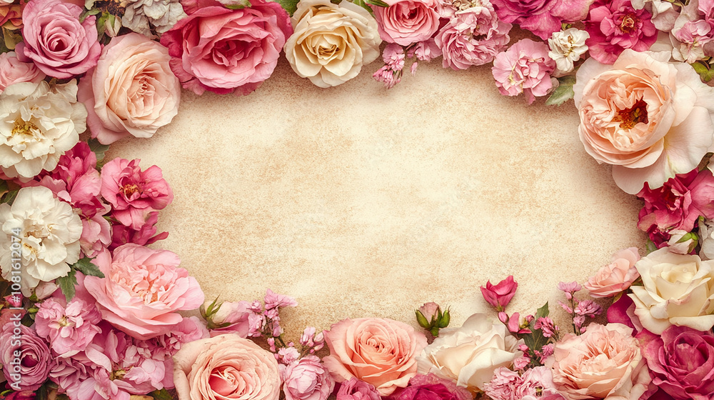 Oval frame of delicate pink roses on a textured beige background. Oval frame of delicate pink roses on a textured beige background.