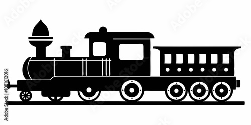 Vector Train, Black and white silhouette of a vintage steam locomotive chugging along the tracks, emitting a plume of smoke. isolated on white background.