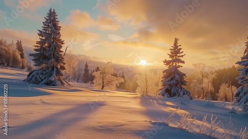 Serene Winter Landscape at Sunrise with Snow-Covered Trees