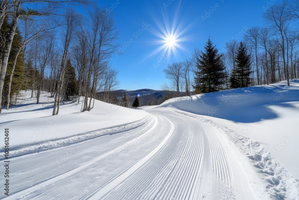 Obraz premium A snowy forest with ski tracks winding through, serene and quiet winter landscape