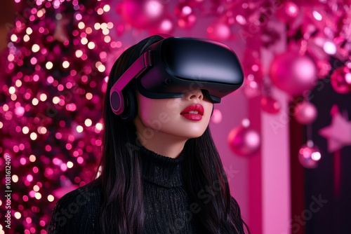 A virtual reality holiday celebration with guests in futuristic attire, surrounded by hologram presents and decor photo