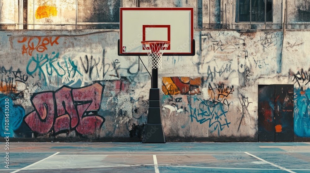 A basketball court with a hoop and scoreboard, urban setting with graffiti on walls, Street style A basketball court with a hoop and scoreboard, urban setting with graffiti on walls, Street style