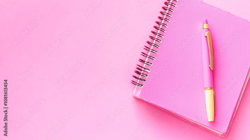 Pink notebook and pen on a pink background, perfect for minimalist stationery or office supplies. Pink notebook and pen on a pink background, perfect for minimalist stationery or office supplies.