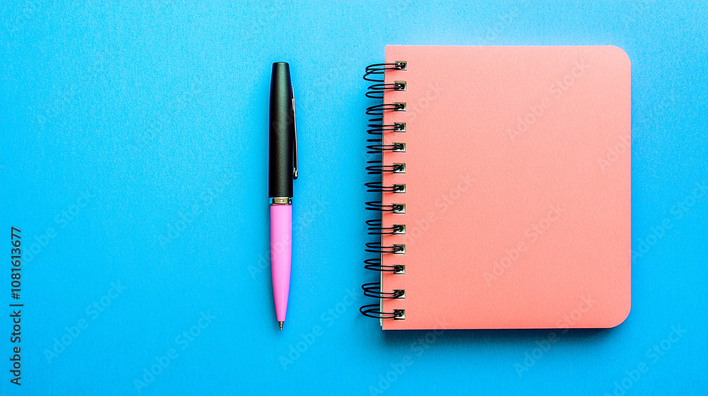 Pink pen and notebook on a blue background. Pink pen and notebook on a blue background.