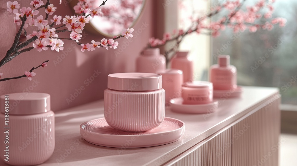 Elegant arrangement of pink skincare containers on a soft pink background, surrounded by delicate cherry blossom branches, creating a serene and inviting atmosphere for beauty enthusiasts. Elegant arrangement of pink skincare containers on a soft pink background, surrounded by delicate cherry blossom branches, creating a serene and inviting atmosphere for beauty enthusiasts.