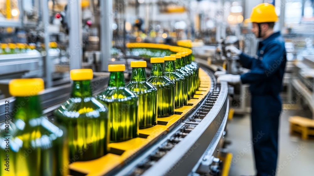 Factory Worker Operating a Conveyor Belt for Bottling Production Factory Worker Operating a Conveyor Belt for Bottling Production