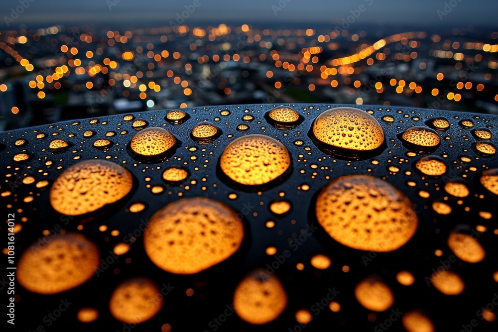 Close-up of raindrop patterns on a window, with blurred city lights in the background Close-up of raindrop patterns on a window, with blurred city lights in the background