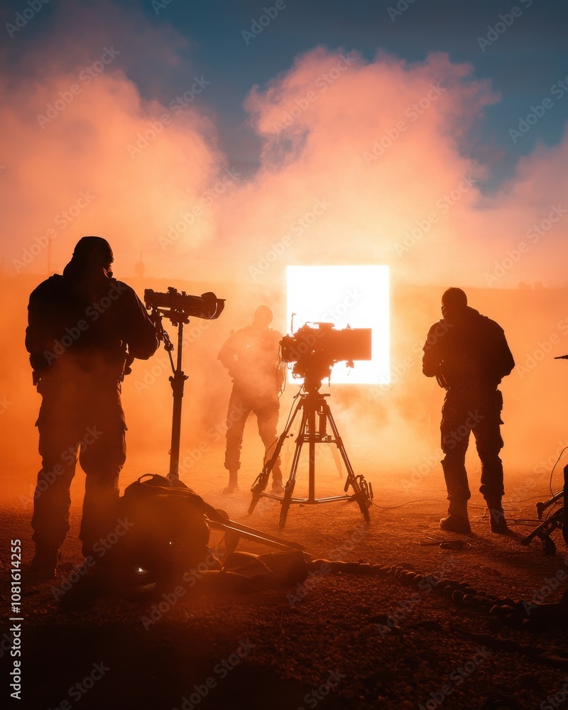 Fototapeta premium A dramatic scene featuring silhouettes of individuals operating cameras amidst fog and vibrant light, suggesting a film or photography setting.