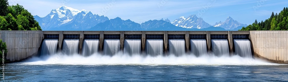 A breathtaking view of a hydroelectric dam surrounded by majestic mountains and lush greenery, showcasing the beauty of nature and renewable energy. A breathtaking view of a hydroelectric dam surrounded by majestic mountains and lush greenery, showcasing the beauty of nature and renewable energy.