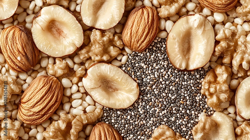 Walnut Seed and Nut, Geometric Arrangement of Walnuts,Seeds,and Textural Elements with Copyspace