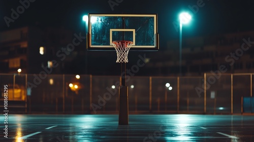 Fototapeta Naklejka Na Ścianę i Meble -  A basketball court's backboard with detailed reflections of city lights, urban setting at night, Moody style
