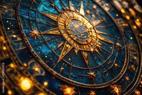 A gold and blue circle with stars and numbers on it