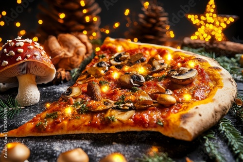 Fantasy-style pizza with toppings like magical mushrooms and glowing herbs, set in an enchanted forest photo