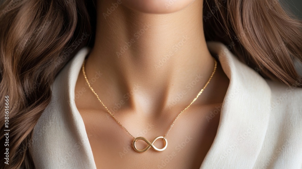 A golden infinity necklace enhances a womans outfit, showcasing elegance and luxury A golden infinity necklace enhances a womans outfit, showcasing elegance and luxury