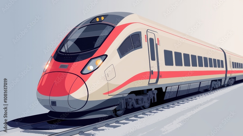 Fototapeta premium Modern red and white high-speed train on elevated track, side view