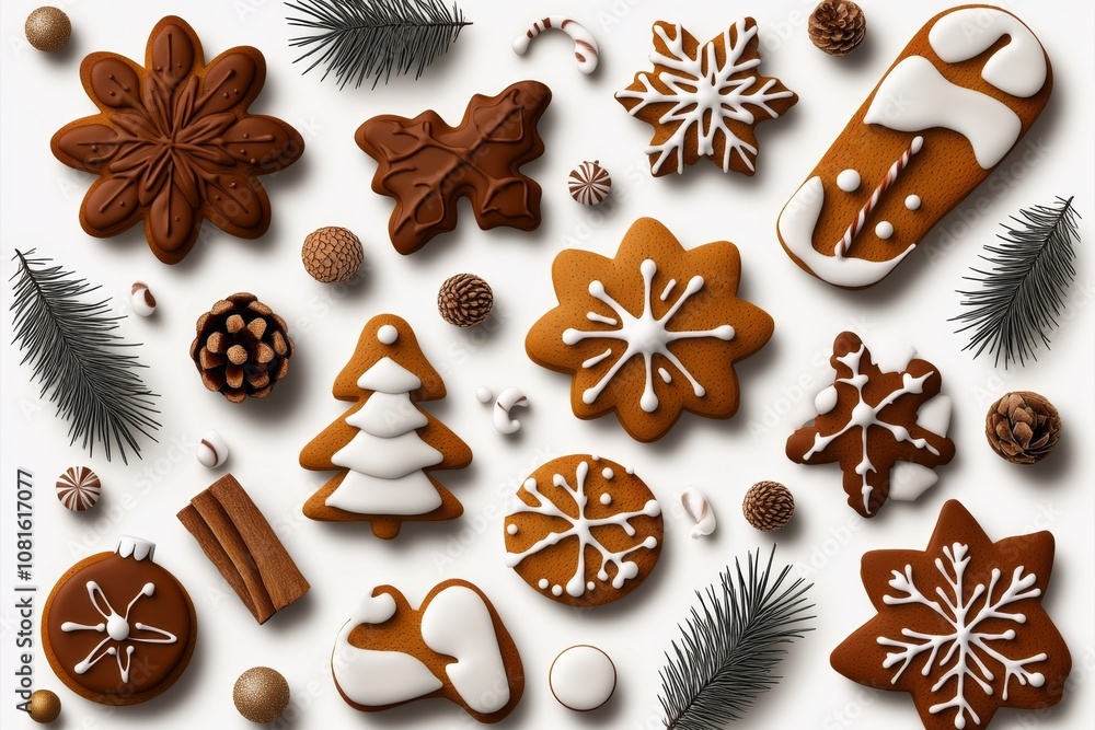 Illustration of holiday cookies in various shapes on a plain background, with simple decorations Illustration of holiday cookies in various shapes on a plain background, with simple decorations