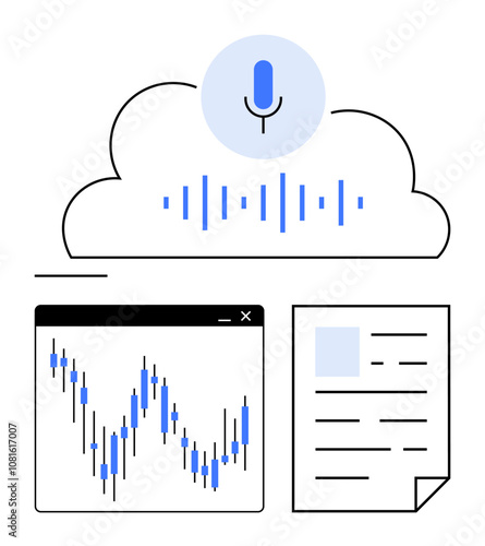 Cloud with voice recognition microphone and sound waves, stock market graph, and document illustration. Ideal for business automation, data analysis, voice transcription, documentation, productivity