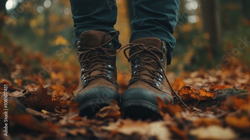 Close-Up of Hiker Tying Boots on Forest Trail Amidst Autumn Leaves in Natural Light