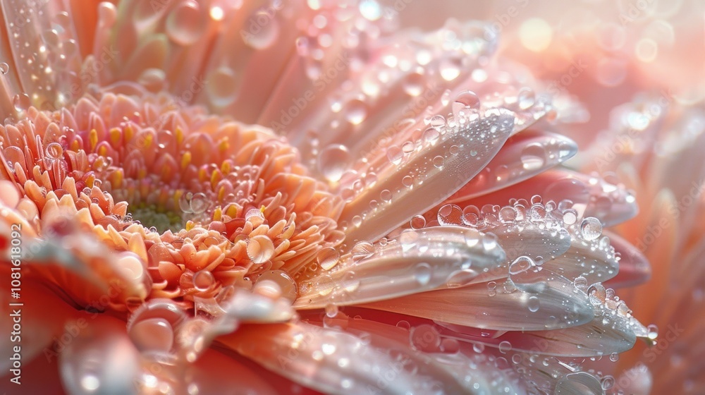 Close-up of a delicate pink gerbera daisy with dew drops. Close-up of a delicate pink gerbera daisy with dew drops.