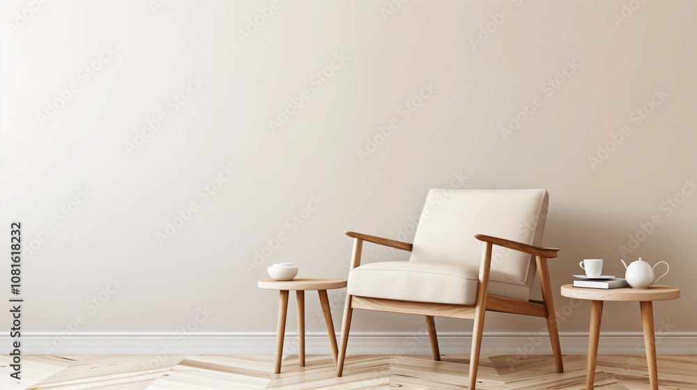 Fototapeta premium Minimalist Armchair and Side Tables in Cozy Neutral-Toned Living Space