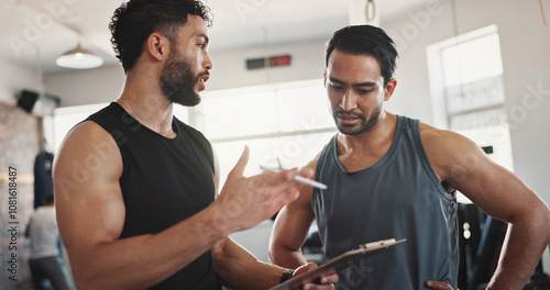 Fotografie Fitness, advice and men in gym with clipboard for registration, sign up or workout schedule