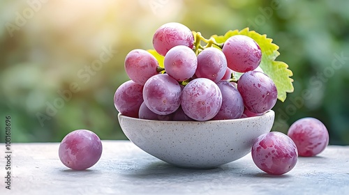 The bowl is filled with luscious, plump grapes that glisten in the sunlight, each one bursting with juiciness and sweetness photo