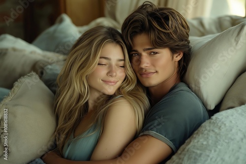 A cozy scene of a couple embracing in bed, surrounded by soft pillows and blankets, with peaceful smiles, creating a warm and intimate atmosphere